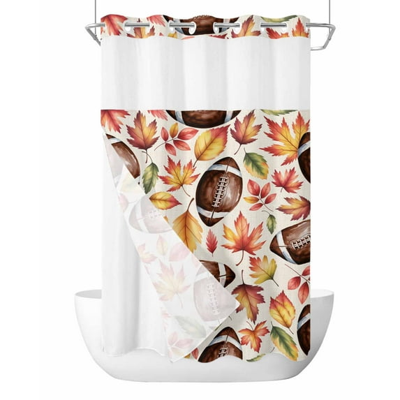 No Hook Cloth Fabric Shower Curtain with Snap in Liner, Fall Brown Rugby Waterproof Shower Curtains Set with See Through Top Window, Thanksgiving Maple Autumn Leaves Rustic Bath Curtains 36"x72"