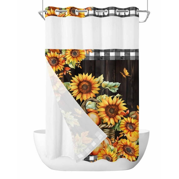 No Hook Cloth Fabric Shower Curtain with Snap in Liner, Fall Thanksgiving Waterproof Shower Curtains Set with See Through Top Window, Orange Pumpkin Sunflowers Leaves Black Bath Curtains 36"x78"