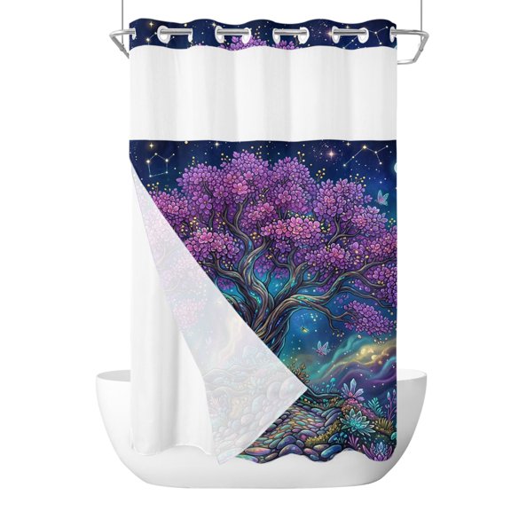 No Hook Cloth Fabric Shower Curtain with Snap in Liner, Fantasy Tree Galaxy Waterproof Shower Curtains Set with See Through Top Window, Neon Plants Abstract Sky Stars Bath Curtains Shower 36"x78"