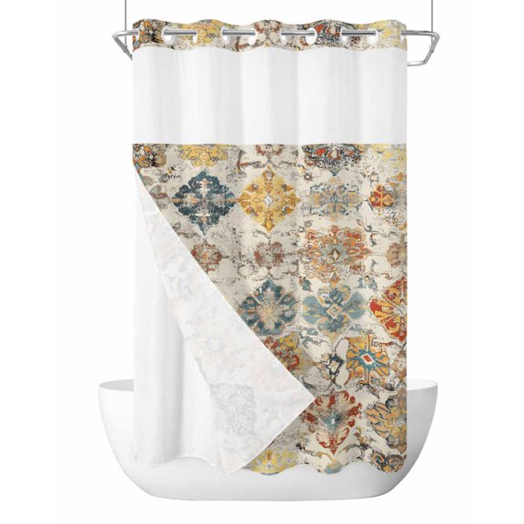 No Hook Cloth Fabric Shower Curtain with Snap in Liner, Farmhouse Morocco Waterproof Shower Curtains Set with See Through Top Window, Boho Abstract Shabby Texture Art Bath Curtains Shower 36"x78"