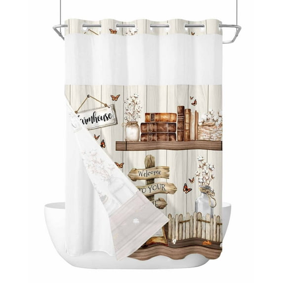 No Hook Cloth Fabric Shower Curtain with Snap in Liner, Farmhouse Vintage Waterproof Shower Curtains Set with See Through Top Window, Country Cotton Book Butterfly Art Bath Curtains Shower 72"x96"