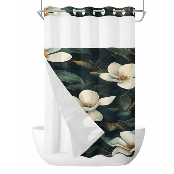 No Hook Cloth Fabric Shower Curtain with Snap in Liner, Floral Waterproof Shower Curtains Set with See Through Top Window, Botanical Garden Flower Country Nature Farm Leaf Bath Curtains 36"x72"