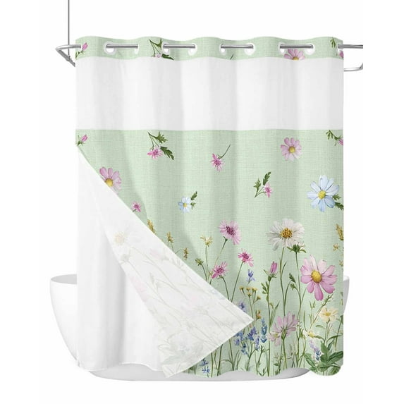 No Hook Cloth Fabric Shower Curtain with Snap in Liner, Flower Green Waterproof Shower Curtains Set with See Through Top Window, Blue Pink Daisy Wildflower Floral Botanical Bath Curtains 66"x72"