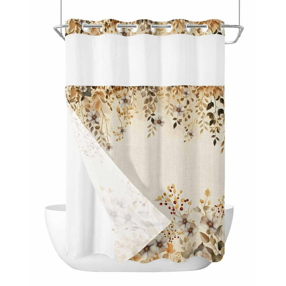 No Hook Cloth Fabric Shower Curtain with Snap in Liner, Flowers Leaves Waterproof Shower Curtains Set with See Through Top Window, Fall Watercolor Farmhouse Floral Plants Bath Curtains Shower 72"x96"