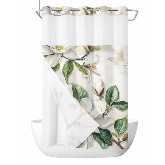 No Hook Cloth Fabric Shower Curtain with Snap in Liner, Flowers Leaves Waterproof Shower Curtains Set with See Through Top Window, Farmhouse White Botanical Magnolia Retro Bath Curtains 36"x78"