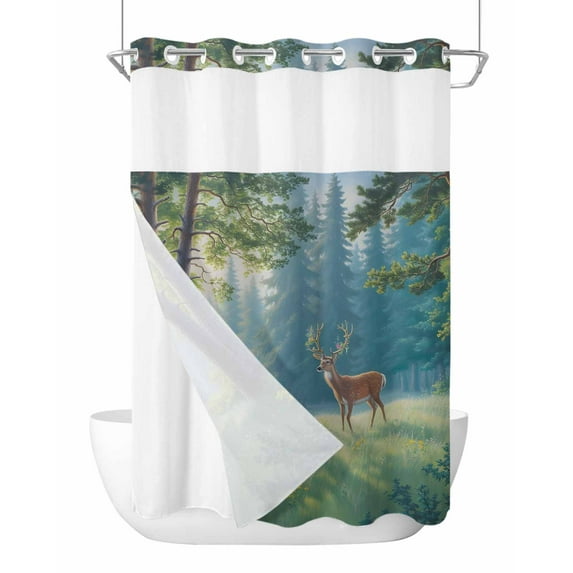 No Hook Cloth Fabric Shower Curtain with Snap in Liner, Forest Elk Waterproof Shower Curtains Set with See Through Top Window, Green Trees Leaves Landscape Oil Painting Bath Curtains Shower 60"x72"