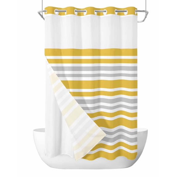 No Hook Cloth Fabric Shower Curtain with Snap in Liner, Ginger Yellow Stripes Waterproof Shower Curtains Set with See Through Top Window, Modern Minimalist Horizontal Lines Bath Curtains 54"x78"