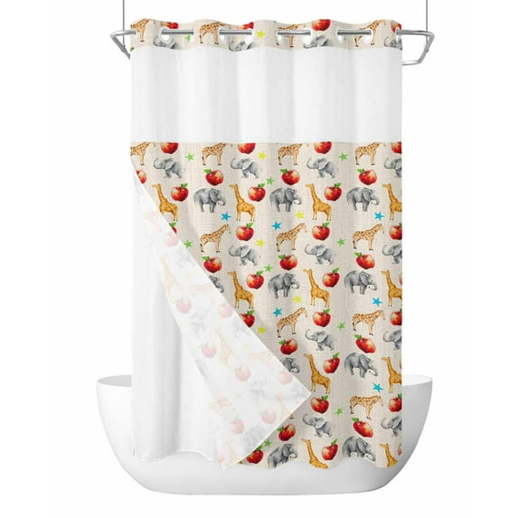 No Hook Cloth Fabric Shower Curtain with Snap in Liner, Giraffe Elephant Waterproof Shower Curtains Set with See Through Top Window, Fruits Cute Linen Texture Bath Curtains Shower 36"x72"