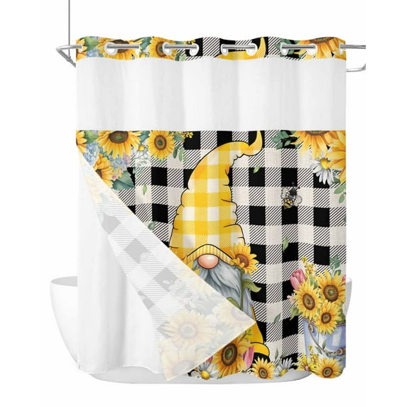 No Hook Cloth Fabric Shower Curtain with Snap in Liner, Gnomes Plaid Waterproof Shower Curtains Set with See Through Top Window, Yellow Sunflower Farmhouse Bee Black Check Bath Curtains 72"x72"
