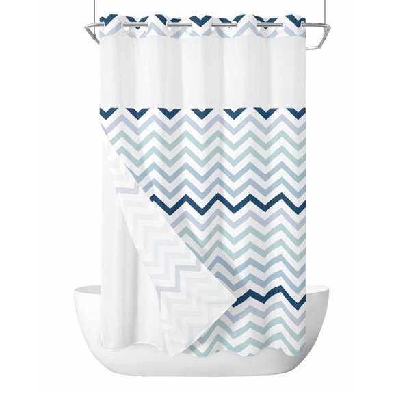No Hook Cloth Fabric Shower Curtain with Snap in Liner, Gradient Blue Waterproof Shower Curtains Set with See Through Top Window, Geometric Stripes Wave Chevron Pattern Bath Curtains Shower 54"x78"