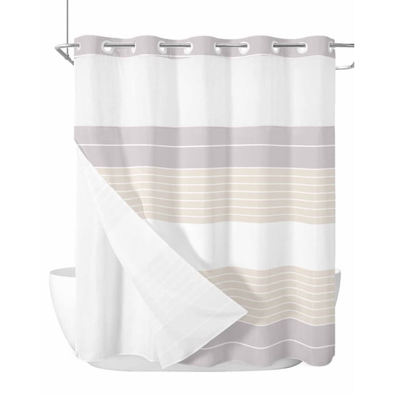 No Hook Cloth Fabric Shower Curtain with Snap in Liner, Gray Beige Stripe Waterproof Shower Curtains Set with See Through Top Window, Modern Art Horizontal Striped Bath Curtains Shower 66"x72"