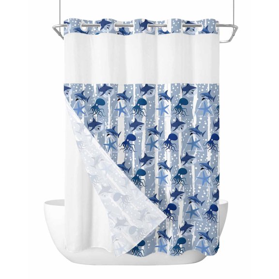 No Hook Cloth Fabric Shower Curtain with Snap in Liner, Gray Blue Coastal Waterproof Shower Curtains Set with See Through Top Window, Summer Beach Octopus Shark Ocean Starfish Bath Curtains 72"x96"