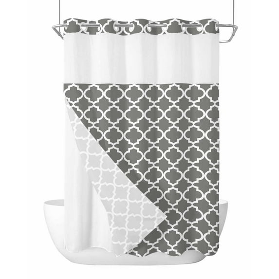 No Hook Cloth Fabric Shower Curtain with Snap in Liner, Gray Morocco Waterproof Shower Curtains Set with See Through Top Window, Vintage Minimalist Boho Ethnic Pattern Bath Curtains Shower 48"x72"