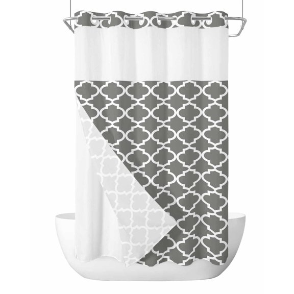 No Hook Cloth Fabric Shower Curtain with Snap in Liner, Gray Morocco Waterproof Shower Curtains Set with See Through Top Window, Vintage Minimalist Boho Ethnic Pattern Bath Curtains Shower 36"x78"