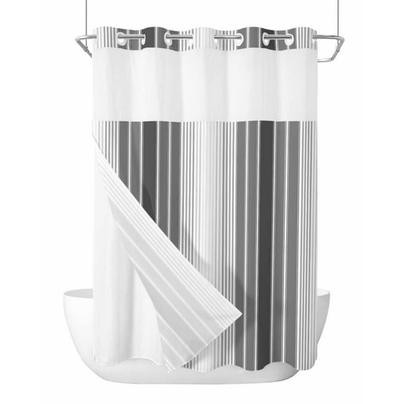 No Hook Cloth Fabric Shower Curtain with Snap in Liner, Gray Vertical Stripes Waterproof Shower Curtains Set with See Through Top Window, Retro Simple Neutral Abstract Lines Bath Curtains 72"x84"