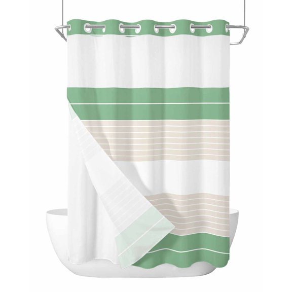 No Hook Cloth Fabric Shower Curtain with Snap in Liner, Green Beige Stripe Waterproof Shower Curtains Set with See Through Top Window, Modern Art Horizontal Striped Bath Curtains Shower 72"x96"