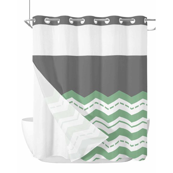 No Hook Cloth Fabric Shower Curtain with Snap in Liner, Green Chevron Waterproof Shower Curtains Set with See Through Top Window, Geometric Grey Print Wavy Striped White Bath Curtains Shower 72"x72"