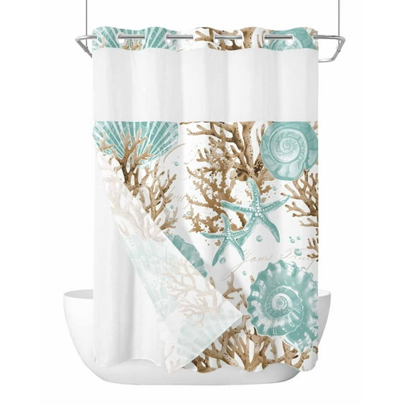 No Hook Cloth Fabric Shower Curtain with Snap in Liner, Green Coastal Seashells Waterproof Shower Curtains Set with See Through Top Window, Nautical Brown Coral Starfish Bath Curtains Shower 48"x72"