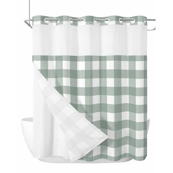 No Hook Cloth Fabric Shower Curtain with Snap in Liner, Green Farmhouse Waterproof Shower Curtains Set with See Through Top Window, Buffalo Plaid Check Lattice White Grid Bath Curtains Shower 72"x78"