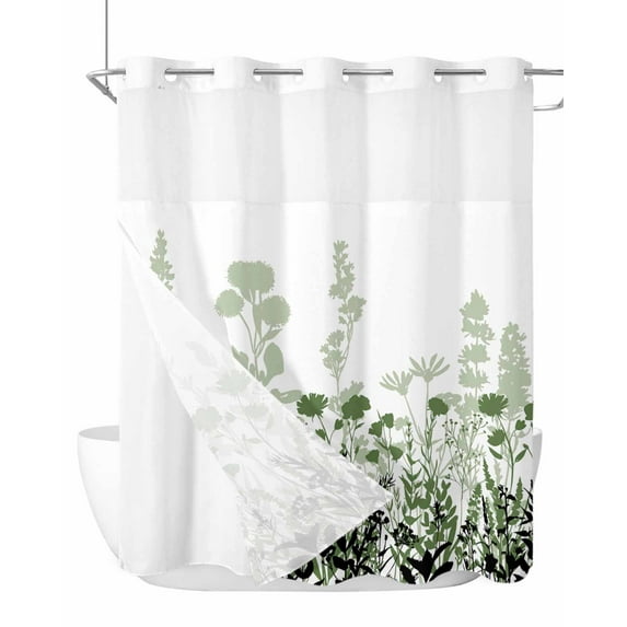 No Hook Cloth Fabric Shower Curtain with Snap in Liner, Green Floral Waterproof Shower Curtains Set with See Through Top Window, Spring Flowers Herb Silhouette Farmhouse Bath Curtains Shower 72"x72"