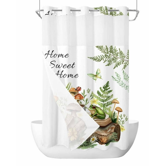 No Hook Cloth Fabric Shower Curtain with Snap in Liner, Green Frog Waterproof Shower Curtains Set with See Through Top Window, Botanical Plant Butterfly Coffee Flower Bath Curtains Shower 36"x78"