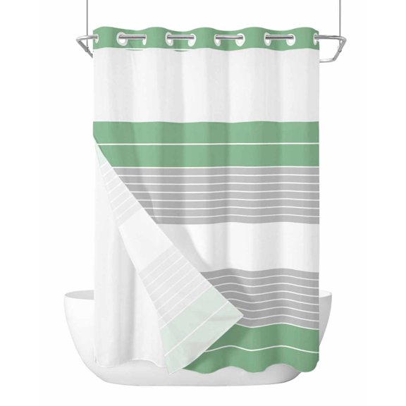 No Hook Cloth Fabric Shower Curtain with Snap in Liner, Green Grey Stripe Waterproof Shower Curtains Set with See Through Top Window, Modern Art Horizontal Striped Bath Curtains Shower 72"x96"