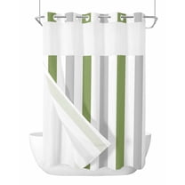 No Hook Cloth Fabric Shower Curtain with Snap in Liner, Green Grey Stripe Waterproof Shower Curtains Set with See Through Top Window, Modern Farmhouse Vertical Striped Bath Curtains Shower 60"x72"