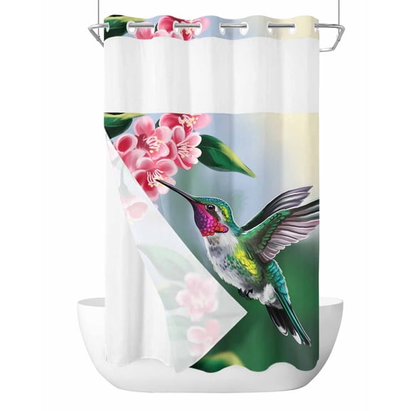 No Hook Cloth Fabric Shower Curtain with Snap in Liner, Green Hummingbird Waterproof Shower Curtains Set with See Through Top Window, Spring Summer Pink Flower Leaf Bath Curtains Shower 36"x78"