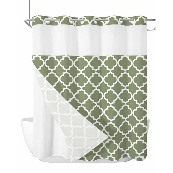 No Hook Cloth Fabric Shower Curtain with Snap in Liner, Green Morocco Waterproof Shower Curtains Set with See Through Top Window, Boho Farmhouse Abstract Geometric Simple Bath Curtains Shower 72"x72"