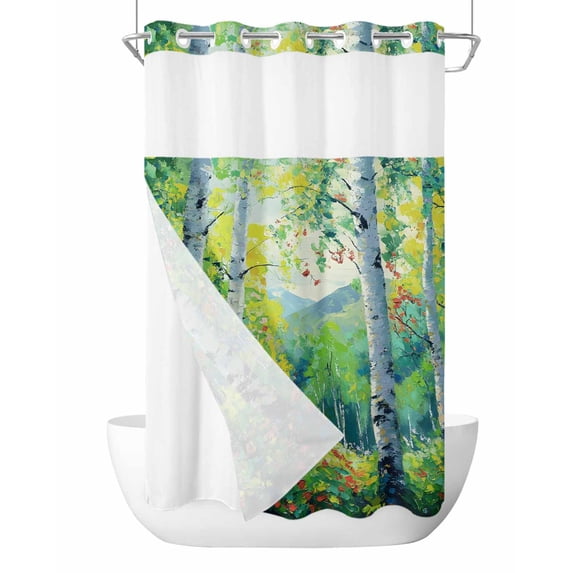 No Hook Cloth Fabric Shower Curtain with Snap in Liner, Green Oil Painting Waterproof Shower Curtains Set with See Through Top Window, Modern Abstract Art Summer Tree Bath Curtains Shower 54"x78"