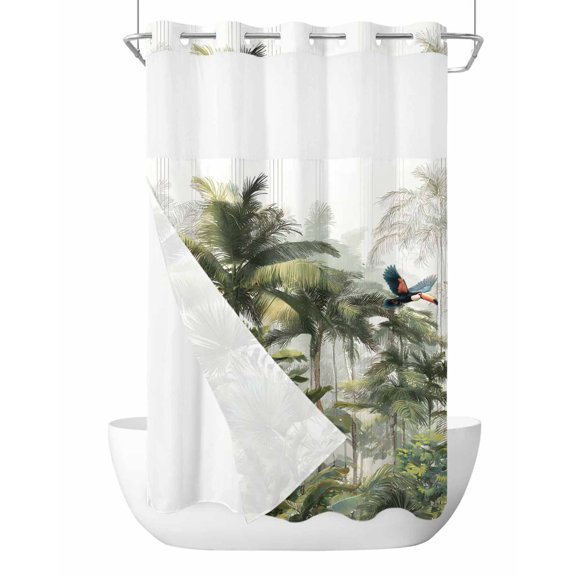 No Hook Cloth Fabric Shower Curtain with Snap in Liner, Green Palm Trees Waterproof Shower Curtains Set with See Through Top Window, Tropical Rainforest Botanical Summer Bath Curtains Shower 36"x72"