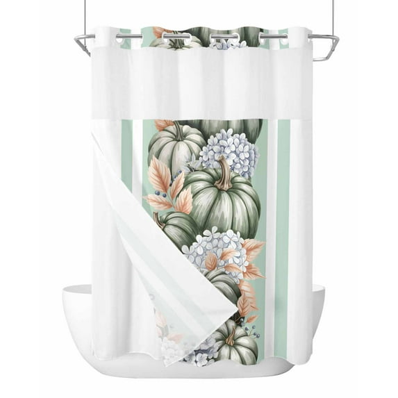 No Hook Cloth Fabric Shower Curtain with Snap in Liner, Green Pumpkin Fall Waterproof Shower Curtains Set with See Through Top Window, Striped Thanksgiving Botanical Bath Curtains Shower 60"x72"