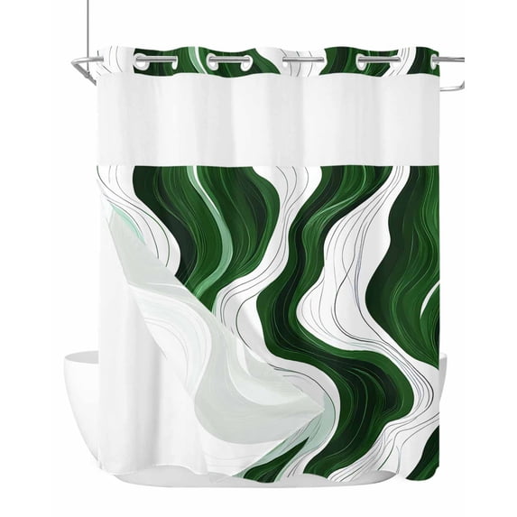 No Hook Cloth Fabric Shower Curtain with Snap in Liner, Green Stripe Waterproof Shower Curtains Set with See Through Top Window, Geometric White Wave Modern Ocean Bath Curtains Shower 72"x72"