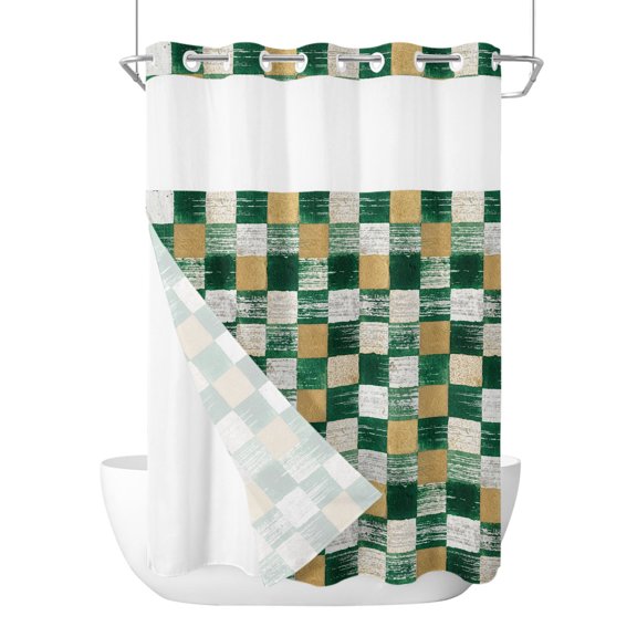 No Hook Cloth Fabric Shower Curtain with Snap in Liner, Grenade Brown Buffalo Plaid Waterproof Shower Curtains Set with See Through Top Window, Modern Abstract Art Checkered Bath Curtains 60"x72"