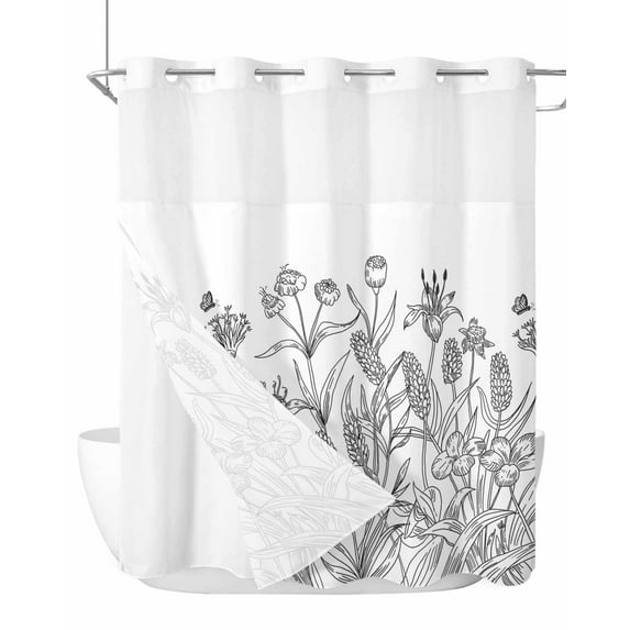 No Hook Cloth Fabric Shower Curtain with Snap in Liner, Grey Flowers Waterproof Shower Curtains Set with See Through Top Window, Garden Botanical Leaf Watercolor White Bath Curtains Shower 72"x72"