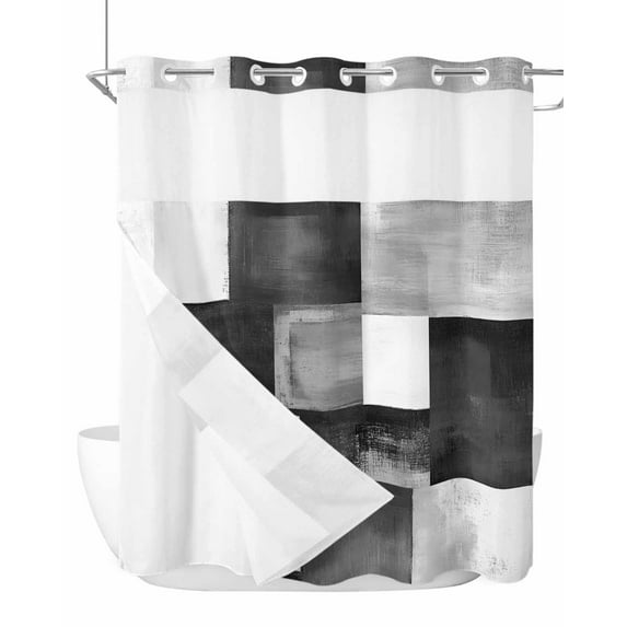No Hook Cloth Fabric Shower Curtain with Snap in Liner, Grey Geometric Waterproof Shower Curtains Set with See Through Top Window, Vintage Oil Painting Contemporary Bath Curtains Shower 72"x72"