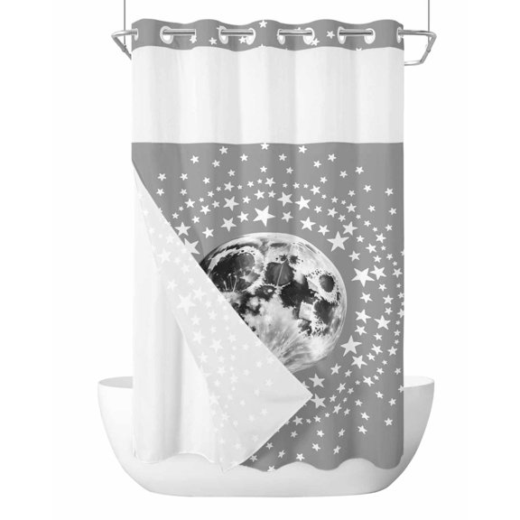 No Hook Cloth Fabric Shower Curtain with Snap in Liner, Grey Moon Waterproof Shower Curtains Set with See Through Top Window, Modern Abstract Minimalist Stars Artwork Bath Curtains Shower 36"x78"