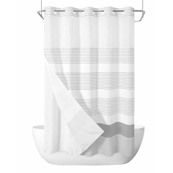 No Hook Cloth Fabric Shower Curtain with Snap in Liner, Grey Stripe Waterproof Shower Curtains Set with See Through Top Window, Modern Abstract Monochrome Geometric Bath Curtains Shower 54"x78"