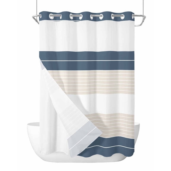 No Hook Cloth Fabric Shower Curtain with Snap in Liner, Haze Blue Beige Stripe Waterproof Shower Curtains Set with See Through Top Window, Modern Art Horizontal Striped Bath Curtains Shower 72"x96"
