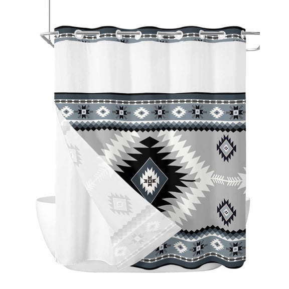 No Hook Cloth Fabric Shower Curtain with Snap in Liner, Haze Blue Boho Waterproof Shower Curtains Set with See Through Top Window, Farmhouse Retro Southwest Aztec Motifs Bath Curtains Shower 72"x78"
