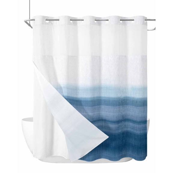 No Hook Cloth Fabric Shower Curtain with Snap in Liner, Haze Blue White Ombre Waterproof Shower Curtains Set with See Through Top Window, Vintage Gradient Striped Aesthetics Bath Curtains 72"x72"