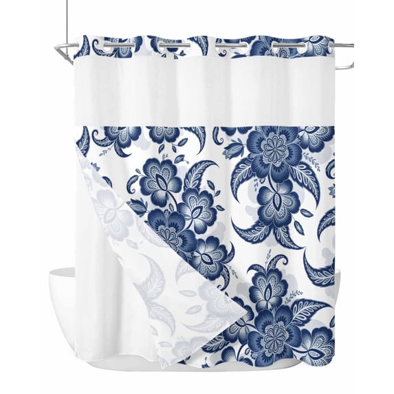No Hook Cloth Fabric Shower Curtain with Snap in Liner, Lake Blue Floral Waterproof Shower Curtains Set with See Through Top Window, Vintage Abstract Ethnic Tribe Art Bath Curtains Shower 72"x78"