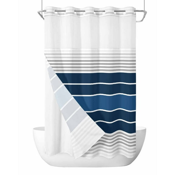No Hook Cloth Fabric Shower Curtain with Snap in Liner, Lake Blue Stripes Waterproof Shower Curtains Set with See Through Top Window, Modern Minimalist Gradient Lines Bath Curtains Shower 36"x78"