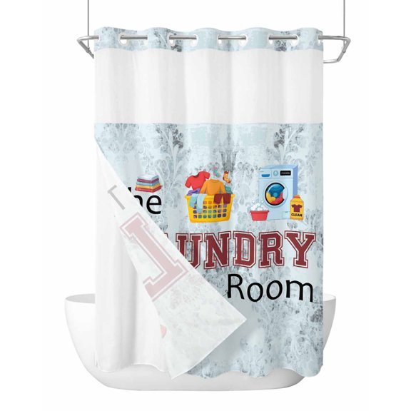 No Hook Cloth Fabric Shower Curtain with Snap in Liner, Laundry Room Waterproof Shower Curtains Set with See Through Top Window, Blue Cartoon Washing Machine Clothes Bath Curtains Shower 60"x72"