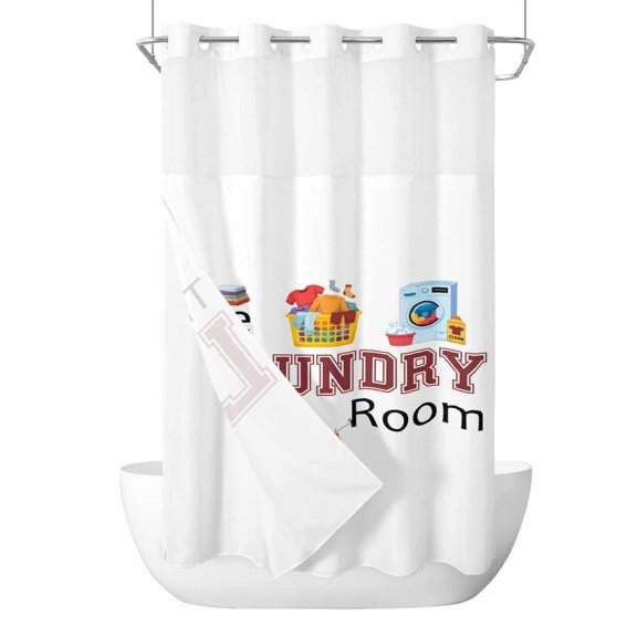 No Hook Cloth Fabric Shower Curtain with Snap in Liner, Laundry Room Waterproof Shower Curtains Set with See Through Top Window, Cartoon Washday Washing Machine Clothes Bath Curtains Shower 36"x78"