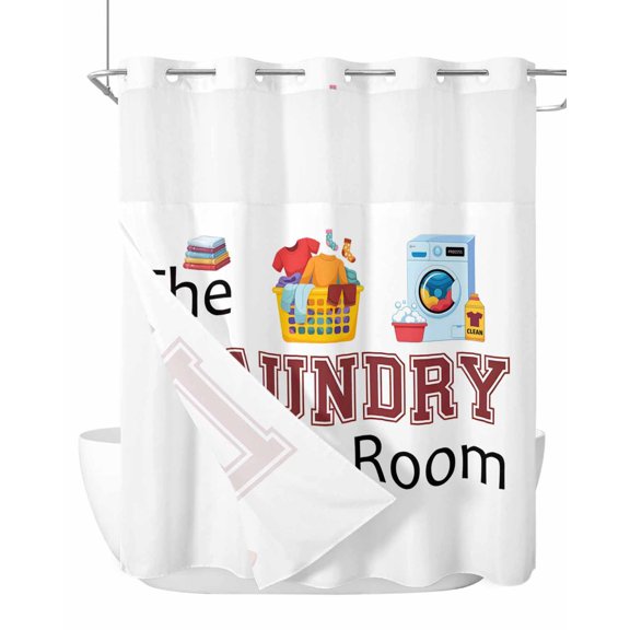 No Hook Cloth Fabric Shower Curtain with Snap in Liner, Laundry Room Waterproof Shower Curtains Set with See Through Top Window, Cartoon Washday Washing Machine Clothes Bath Curtains Shower 72"x78"