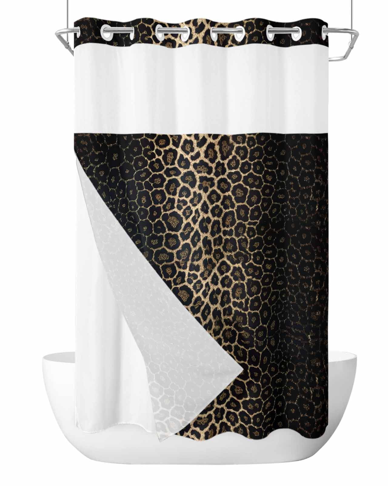 No Hook Cloth Fabric Shower Curtain with Snap in Liner, Leopard Print ...
