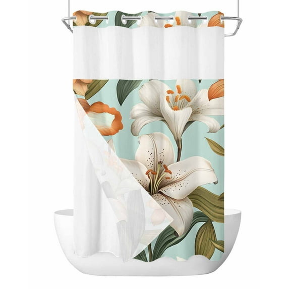 No Hook Cloth Fabric Shower Curtain with Snap in Liner, Lily Floral Waterproof Shower Curtains Set with See Through Top Window, Botanical Garden Watercolor Wildflowers Bath Curtains Shower 36"x72"