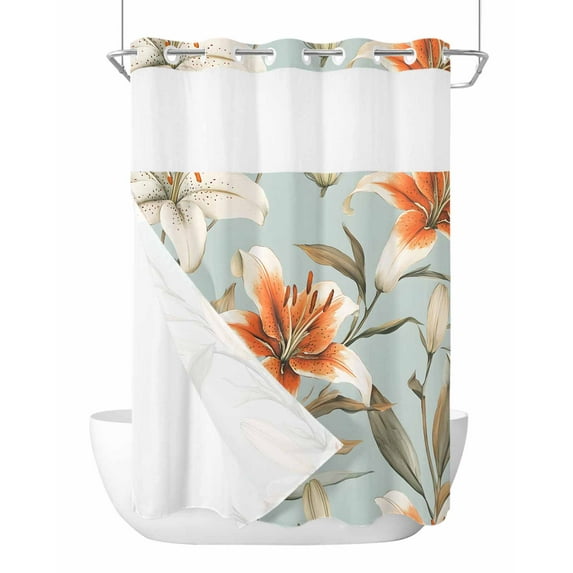 No Hook Cloth Fabric Shower Curtain with Snap in Liner, Lily Flower Waterproof Shower Curtains Set with See Through Top Window, Watercolor Country Blooms Spring Botanical Art Bath Curtains 72"x84"