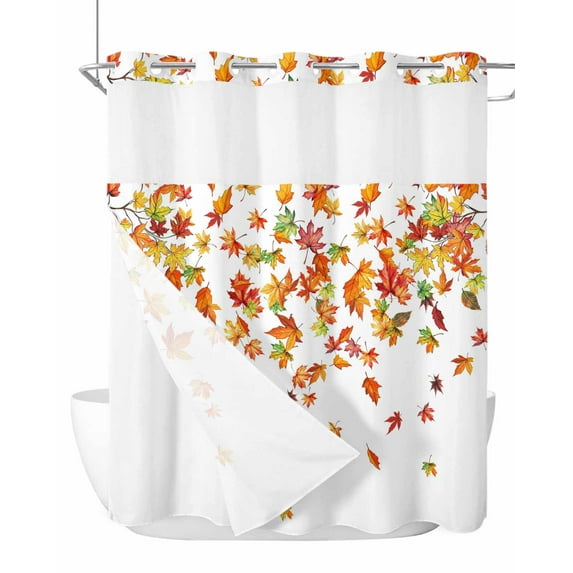 No Hook Cloth Fabric Shower Curtain with Snap in Liner, Maple Leaf Fall Waterproof Shower Curtains Set with See Through Top Window, Thanksgiving Autumn Botanical Watercolor Bath Curtains 72"x72"